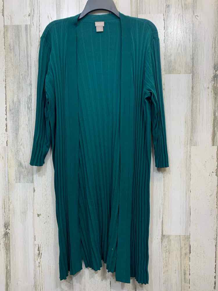 PRE-OWNED CHICO'S Tops Size 2 HUNTER GREEN 3/4 LENGTH LONG DRAPED PLEATECardigan