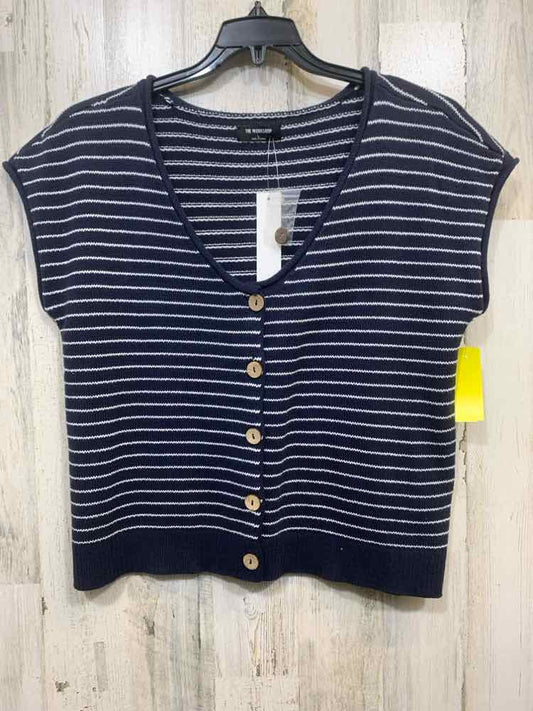 NWT THE WORKSHOP Tops Size L NVY/WHT Stripe SLEEVELESS /GOLD BUTTONS-UP Vest