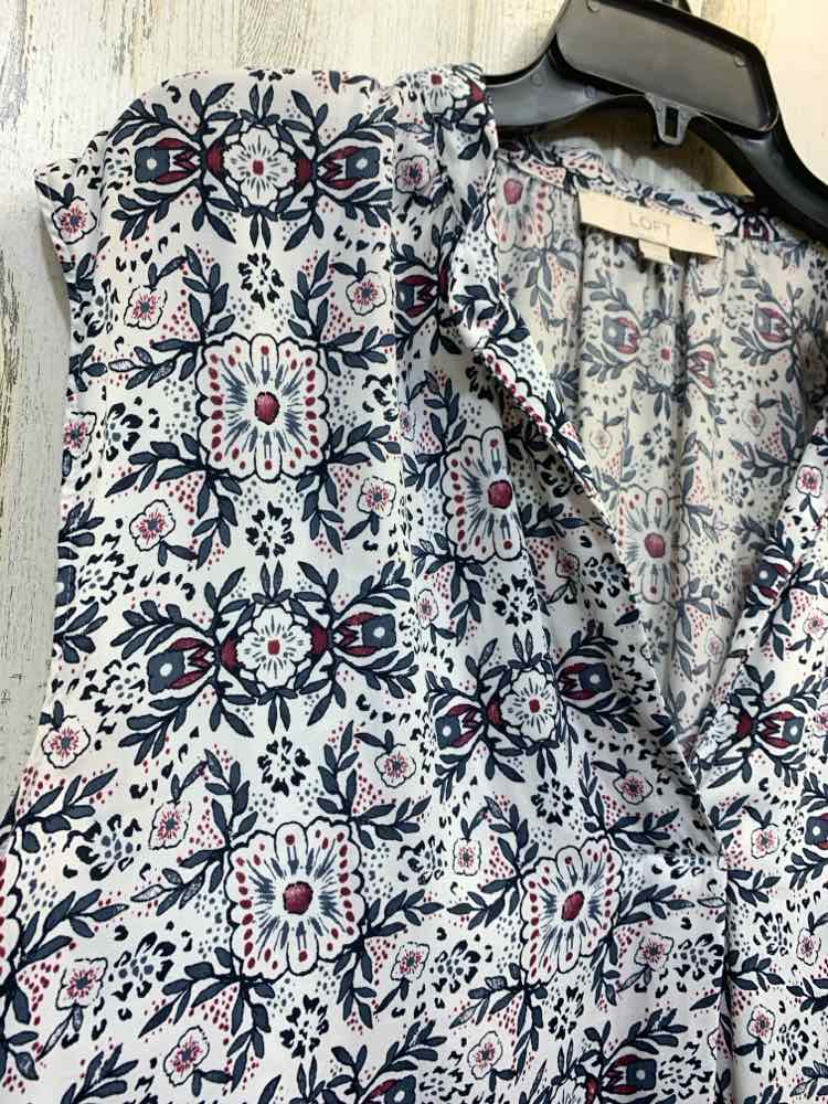 PRE-OWNED LOFT ANN TAYLOR Tops Size L WHITE/AEGAN/MUAVE Floral Blouse/SHORT SLEE
