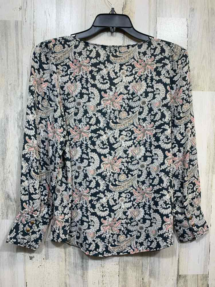 PRE-OWNED LOFT Size M Tops GRN/WHT/PNK SCOOP NECK Floral LONG SLEEVE BLOUSE