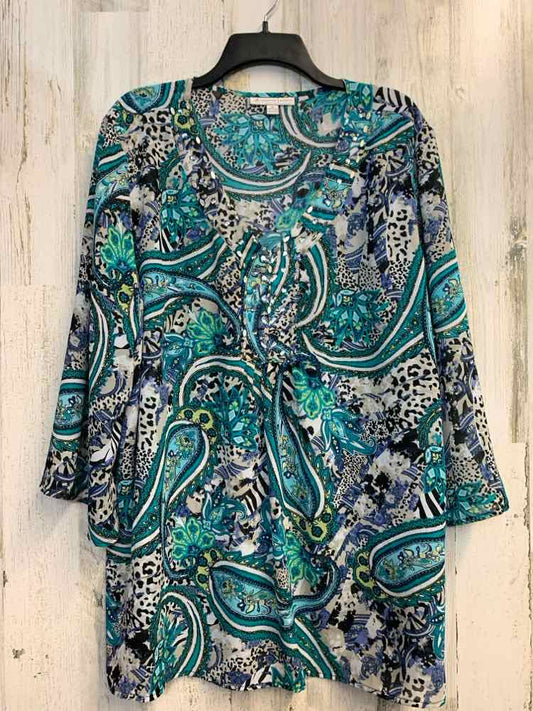 JM COLLECTION PLUS SIZES Size 3X TURQ/WHT/GRN SHEER Paisley 3/4 LENGTH TOP