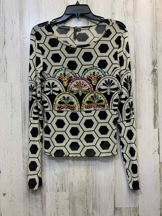 PRE-OWNED AZI JEANS Tops Size XL BEIG/BLK Sequined LONG SLEEVES TOP/BEIGE/BLACK