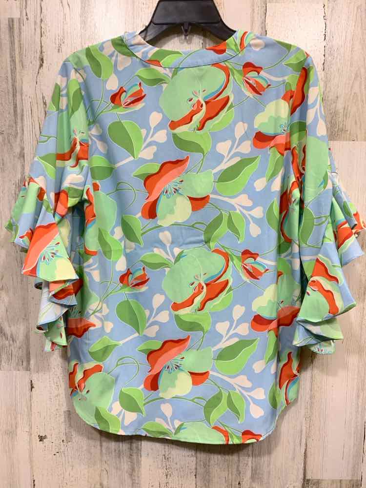NWT GIGIO Tops Size S BLU/GRN/ORNG Floral 3/4 SLEEVE/PLEATED V NECK Blouse