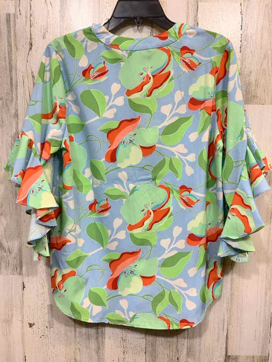 NWT GIGIO Tops Size S BLU/GRN/ORNG Floral 3/4 SLEEVE/PLEATED V NECK Blouse