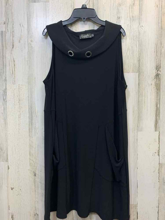 SYMPLI Tops Size 14 Black ELASTIC SLEEVELESS TUNIC SIDE PKTS 2 RINGS NECK