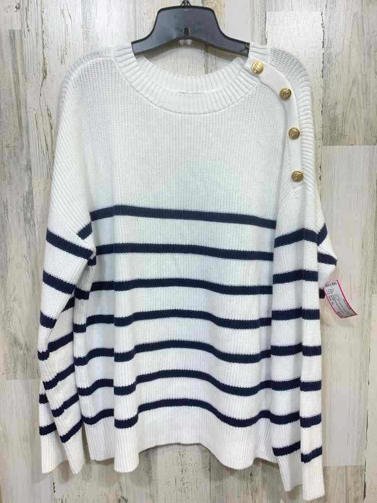 NWT ON 34TH Size XL  WHT/NVY STRIPED  RIB KNIT LONG SLEEVE/GOLD BUTTONS SWEATER
