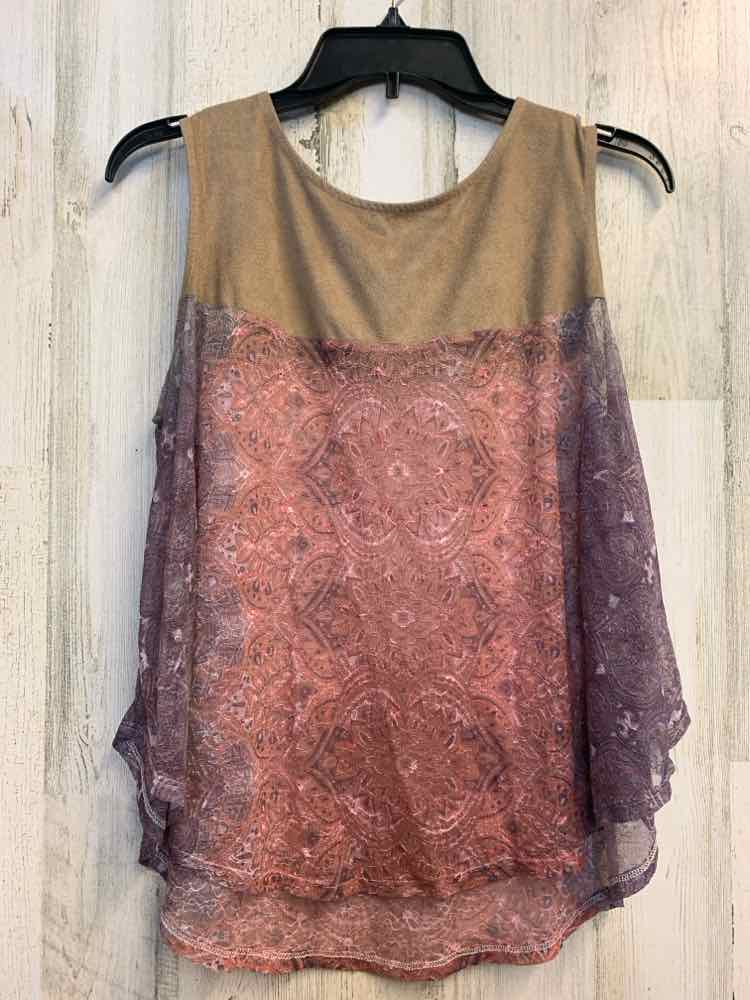 CATO Tops Size M TAN/RUST/BLU Lace SLEEVELESS Shirt