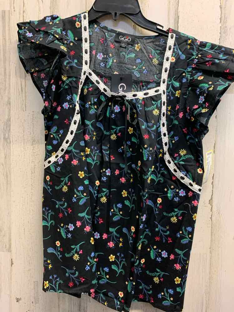NWT GIGIO Tops Size L BLK/GRN/RED Floral SQUARE COLLAR /SELF TIE SATIN RIBBON AC