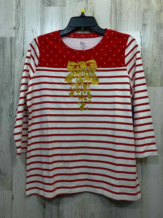 KIM ROGERS Holiday Size PM RED/WHT/GOLD STRIPE/DOT 3/4 LENGTH TOP