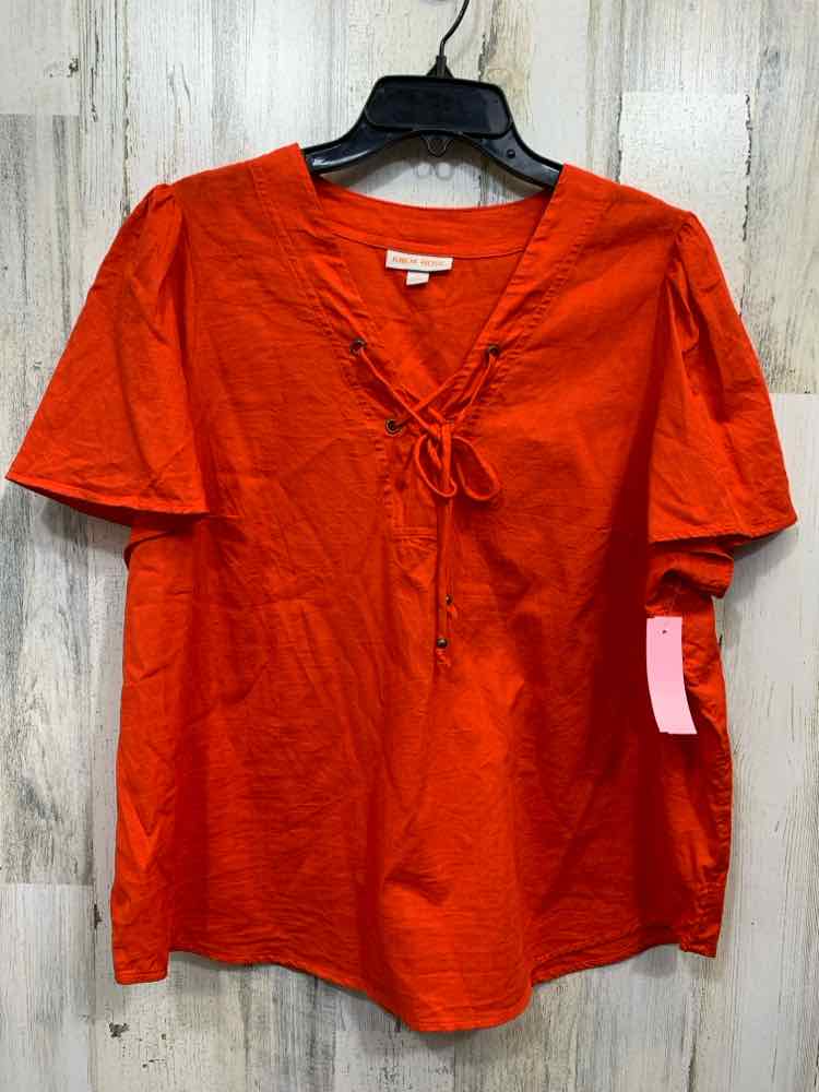 PRE-OWNED KNOX ROSE Tops Size L RED ORANGE SHORT SLEEVES Shirt/FLOWY SHORT SLEEV