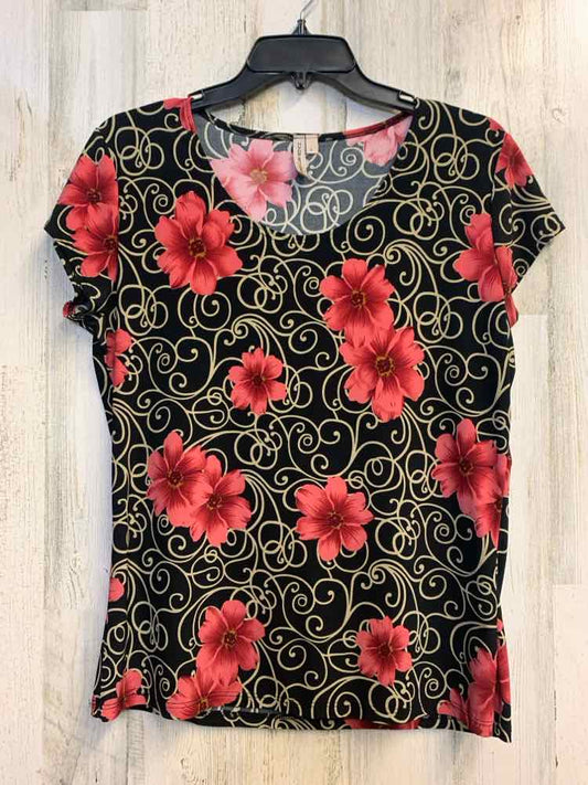 SUSAN LAWRENCE Tops Size L BLK/DARK PINK/TAN FLOWERS SHORT SLEEVES TOP