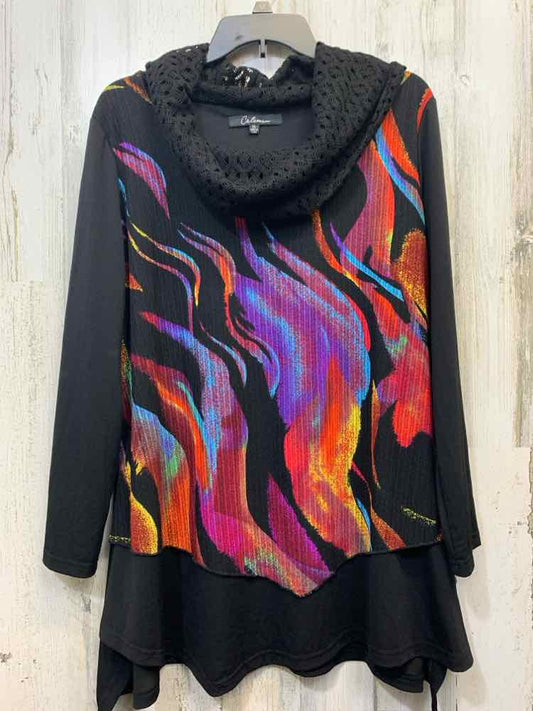 CALESSA Tops Size XL BLK/MULTI-COLOR WAVES COWL NECK TOP