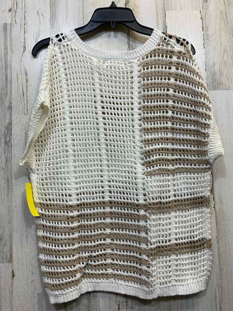 NWT BLUE PEPPER Tops Size L WHITE/TAN Crochet KNIT SHORT SLEEVES Blouse