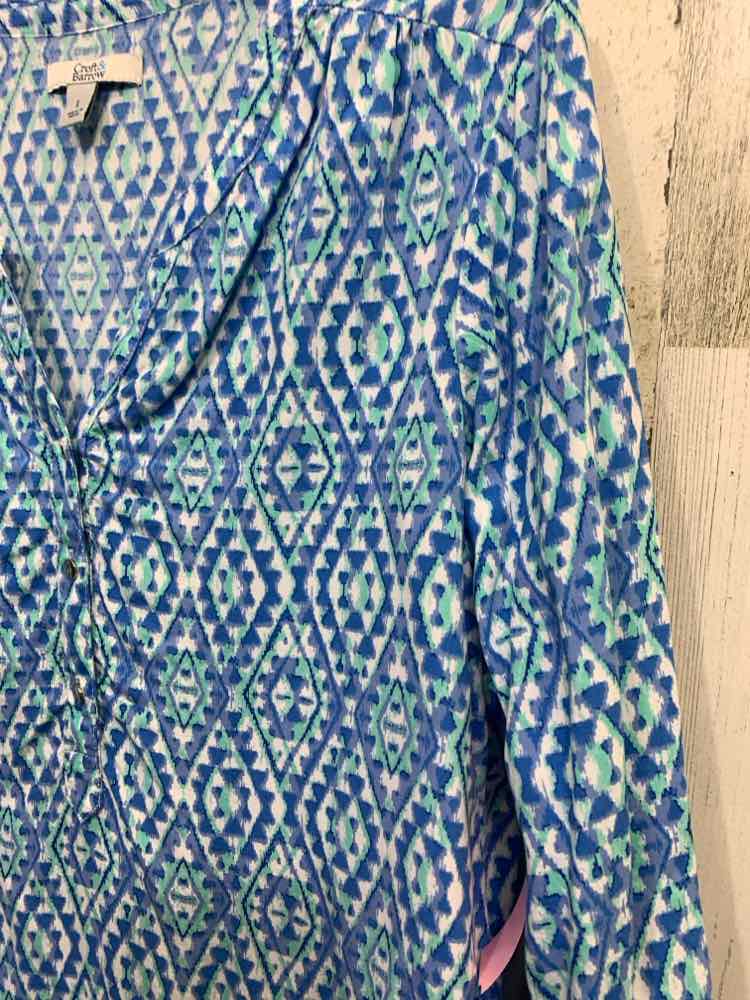 PRE-OWNED CROFT & BARROW Tops Size L WHT/GRN/BLU DIAMONDS TAB SLEEVE Blouse