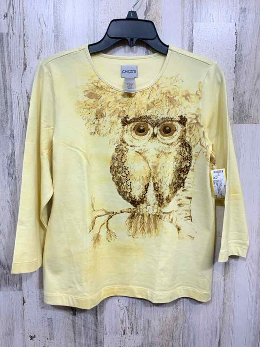 PRE-OWNED CHICO'S/OWL PRINT RHINESTONE EMBELLISHED 3/4 SLEEVE TEE