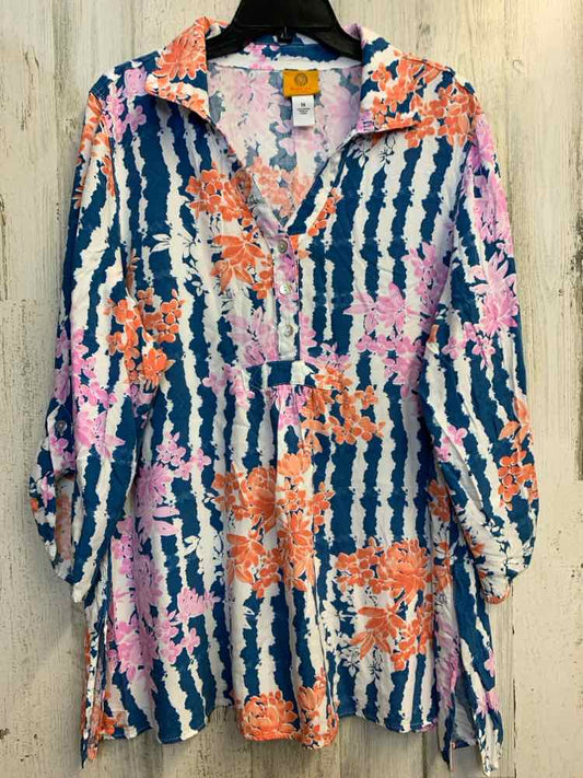 PRE-OWNED RUBY RD PLUS SIZES Size 1X BLU/WHT STRIPES & FLOWERS LONG SLEEVES TOP