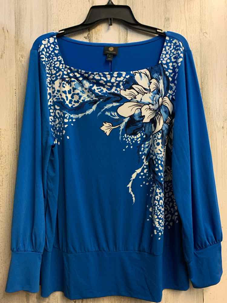 NWT JM COLLECTION PLUS SIZES Size XXL Blue Floral LONG SLEEVES TOP/SQUARE NECK