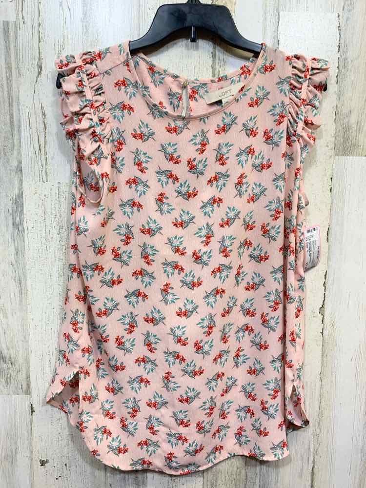 PRE-OWNED LOFT ANN TAYLOR Tops Size M PCH/GRN/RED Floral Blouse/RUFFLED CAP SLEE