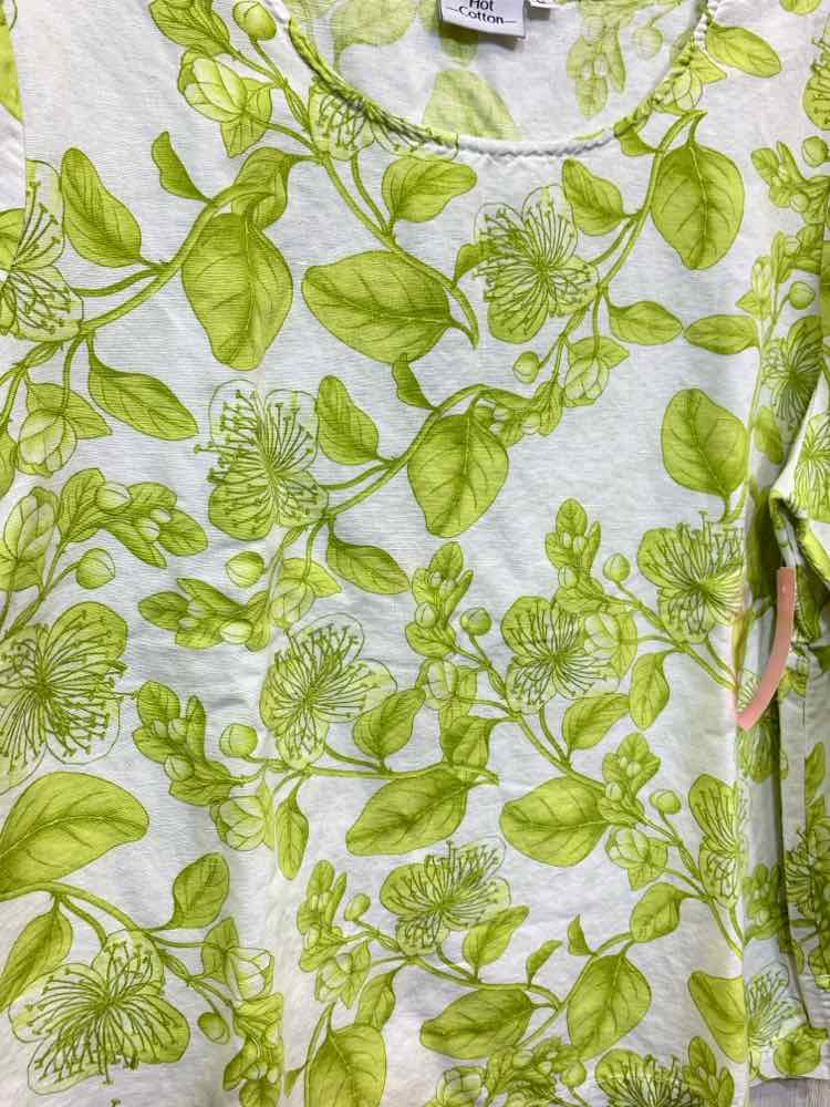 PRE-OWNED HOT COTTON Tops Size L WHITE/YELLOW GREEN FLORAL & VINES Blouse/WHITE/