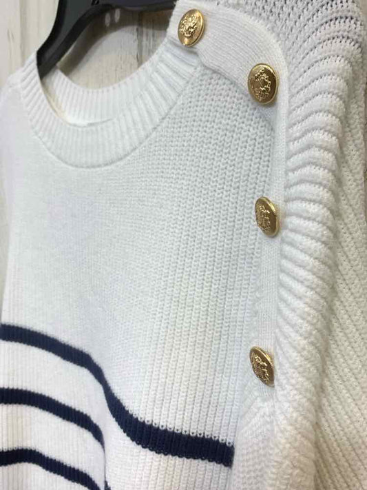 NWT ON 34TH Size XL  WHT/NVY STRIPED  RIB KNIT LONG SLEEVE/GOLD BUTTONS SWEATER