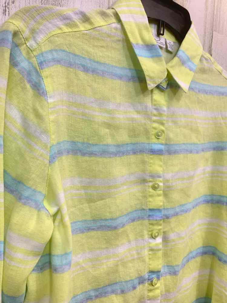 PRE-OWNED KIM ROGERS Tops Size PS NEON YELLOW/WHITE/BLUE STRIPES BUTTON UP Shirt