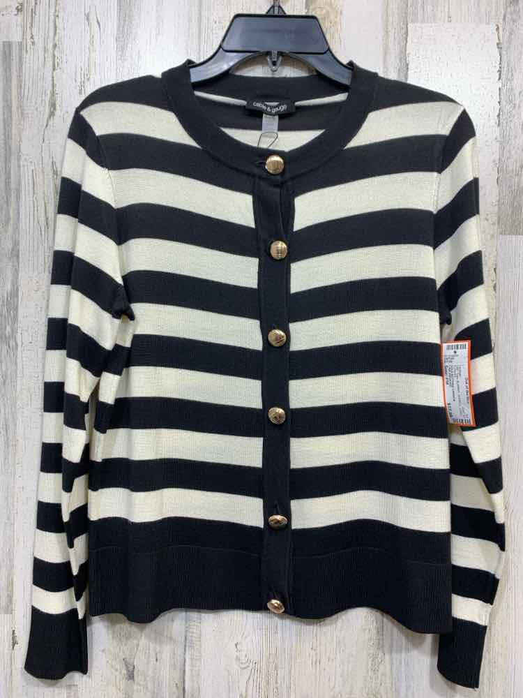 NWT CABLE&GAUGE Size PM Tops BLK/WHT STRIPES LONG SLEEVES GOLD BUTTONS CARDIGAN