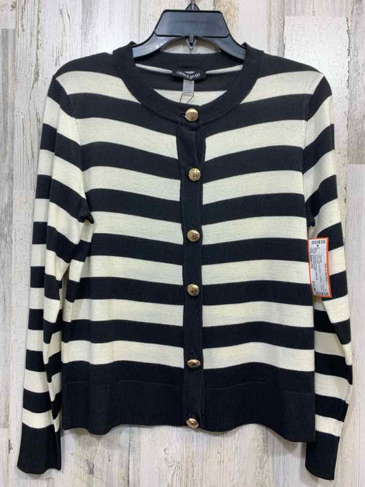 NWT CABLE&GAUGE Size PM Tops BLK/WHT STRIPES LONG SLEEVES GOLD BUTTONS CARDIGAN