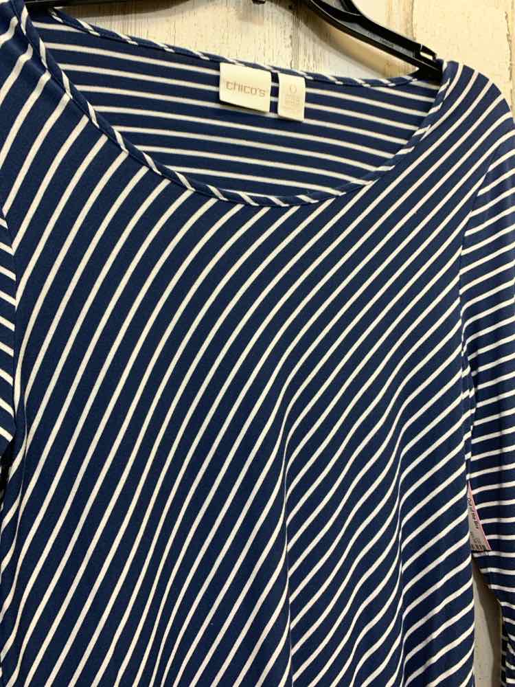 PRE-OWNED CHICO'S Tops Size 0 BLUE/WHITE STRIPES 3/4 SLEEVE Blouse/BLUE/WHITE ST