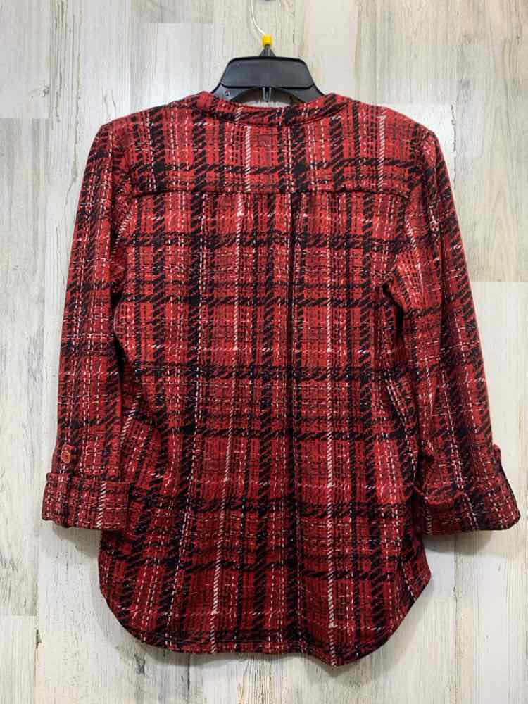 NWT KIM ROGERS Tops Size PM RED/BLK/WHT Plaid 3/4 LENGTH TOP