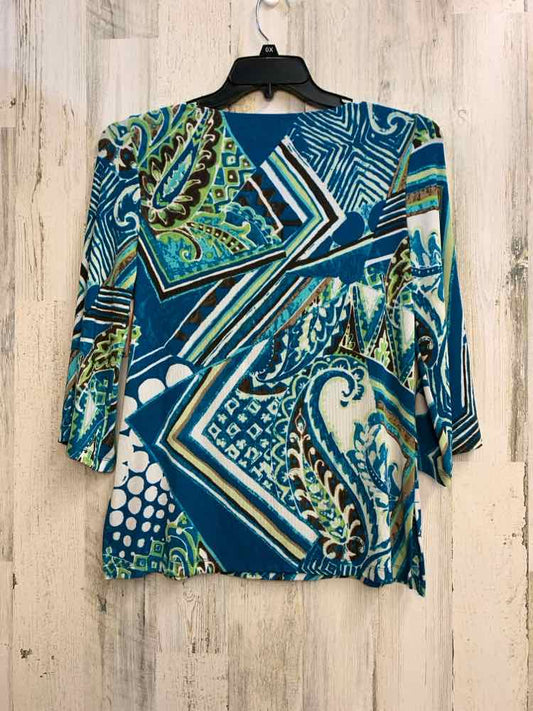 TRAVELERS BY CHICO'S Tops Size 0 TEAL/WHT/GRN ABSTRACT 3/4 LENGTH TOP