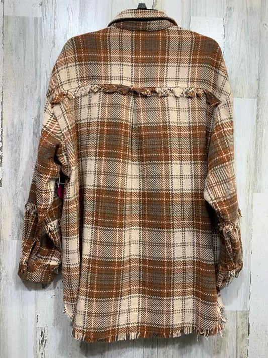 PRE-OWNED BIBI Size S Tops WHT/BRN/OLIV Plaid LONG SLEEVES BUTTON UP Shirt