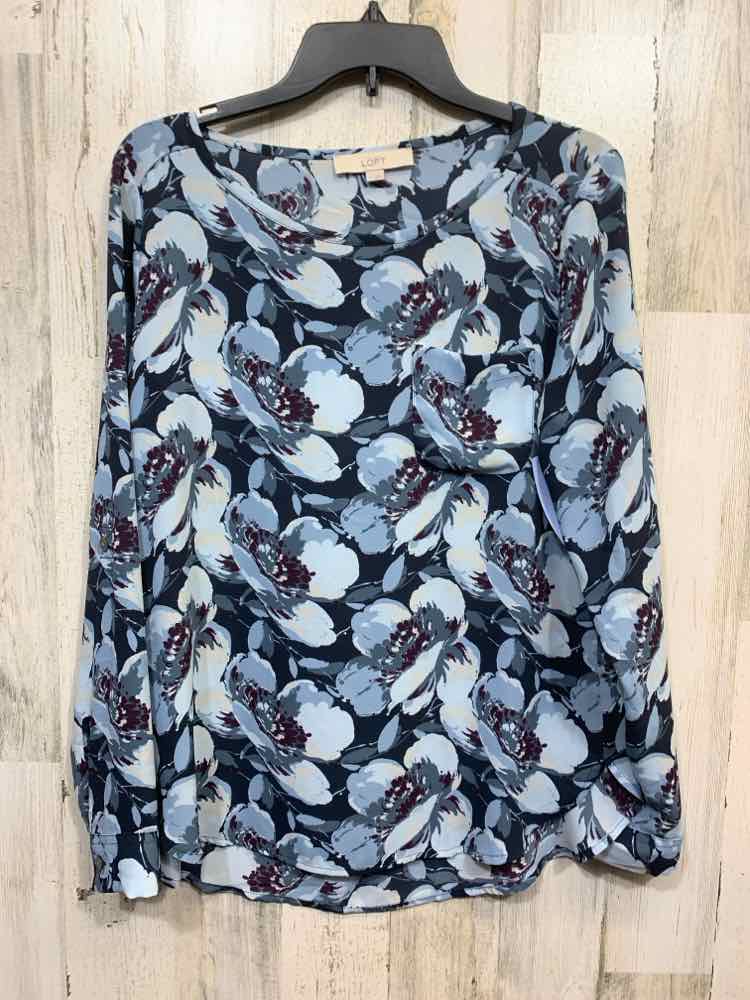 PRE-OWNED LOFT Size M Tops BLK/BGE/BLU BOAT NECK Floral LONG SLEEVE BLOUSE
