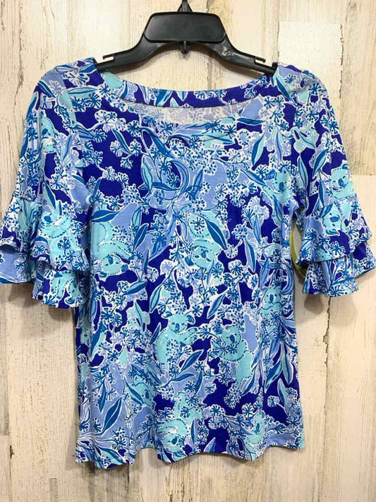 PRE-OWNED LILLY PULITZER Tops  XS WHT/BLUE/AQUA Floral RUFFLE SLEEVE SCOOP NECK