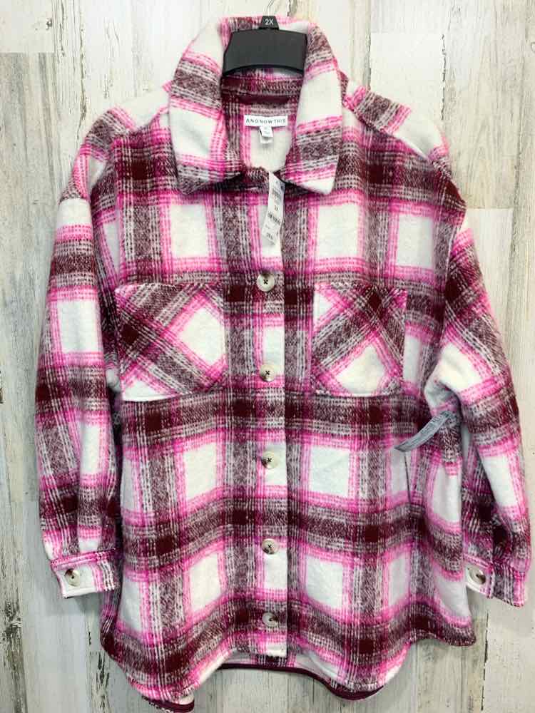 NWT AND NOW THIS Size 2X JACKETS / COATS WHT/PNK Plaid LONG SLEEVES BUTTON UP