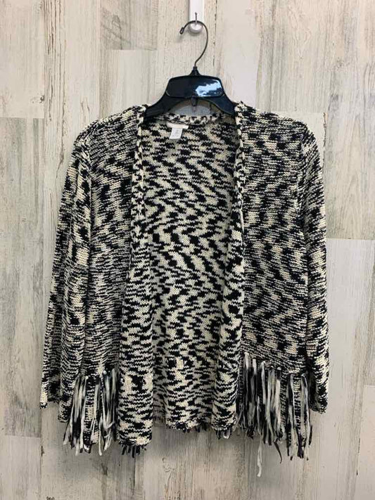 PRE-OWNED CHICO'S Tops Size 2 WHT/BLK 3/4 SLEEVE CROP W/FRINGES Cardigan