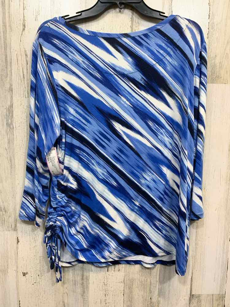 PRE-OWNED RUBY RD Tops Size L WHT/BLU/NVY STROKES 3/4 SLEEVE Blouse