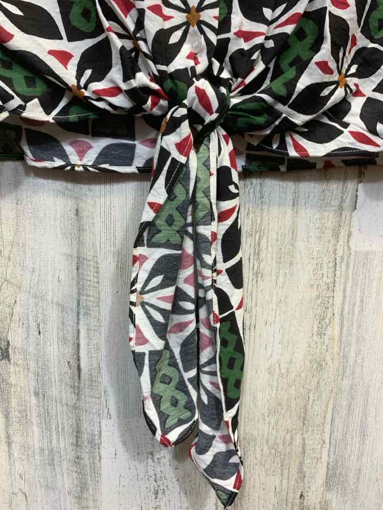PRE-OWNED HAVER Tops Size M WHITE/BLACK/GREEN/RED ABSTRACT TIES ON FRONT Blouse/