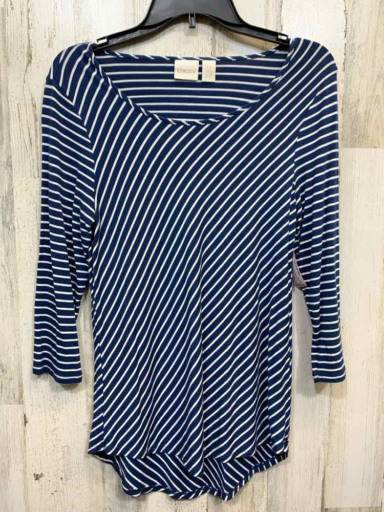 PRE-OWNED CHICO'S Tops Size 0 BLUE/WHITE STRIPES 3/4 SLEEVE Blouse/BLUE/WHITE ST