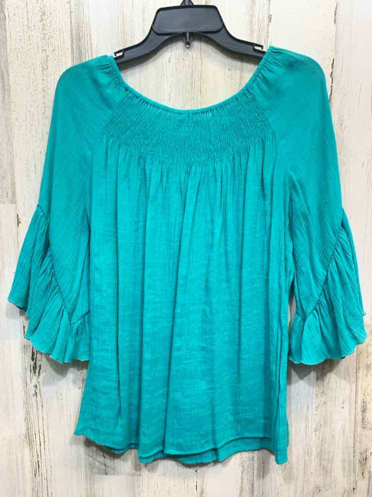 PRE-OWNED SPENSE Tops Size M Teal Solid TRUMPET SLEEVE Shirt/TEAL STRETCHY SHIRT