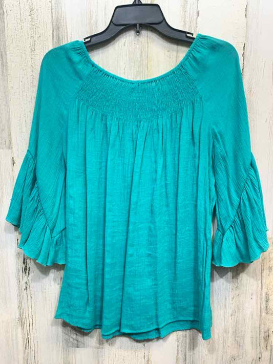 PRE-OWNED SPENSE Tops Size M Teal Solid TRUMPET SLEEVE Shirt/TEAL STRETCHY SHIRT