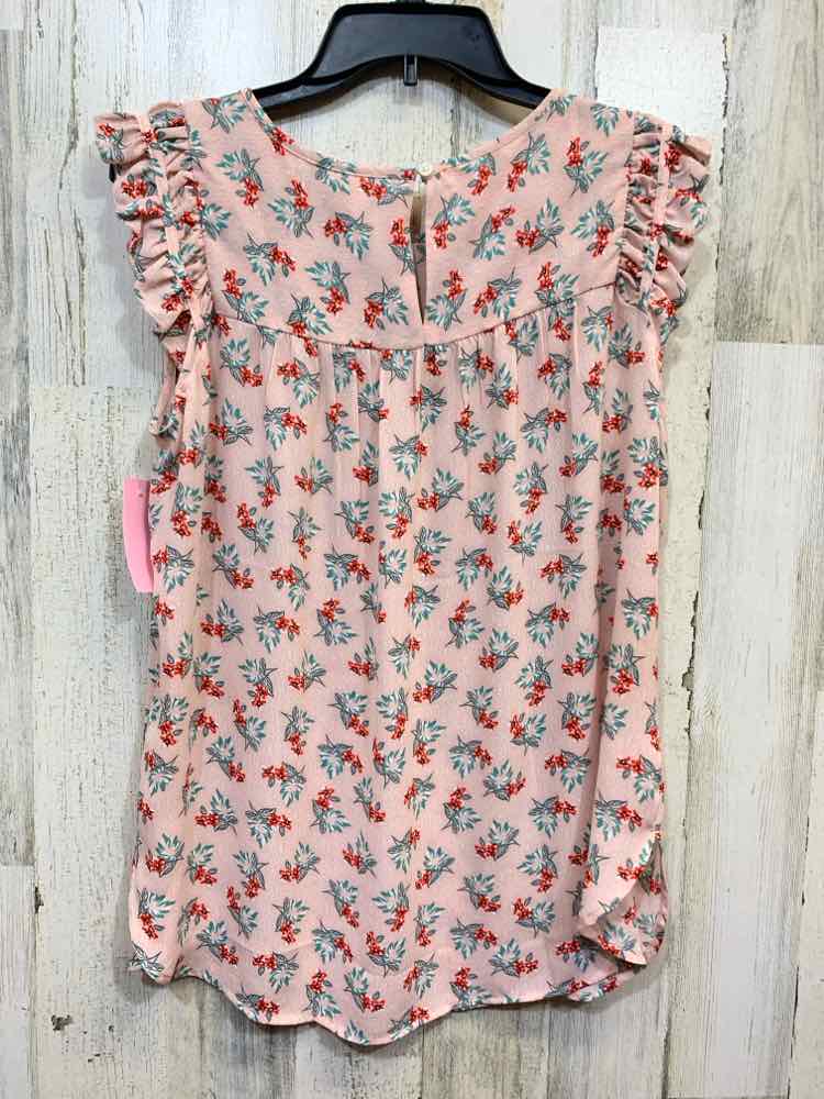 PRE-OWNED LOFT ANN TAYLOR Tops Size M PCH/GRN/RED Floral Blouse/RUFFLED CAP SLEE