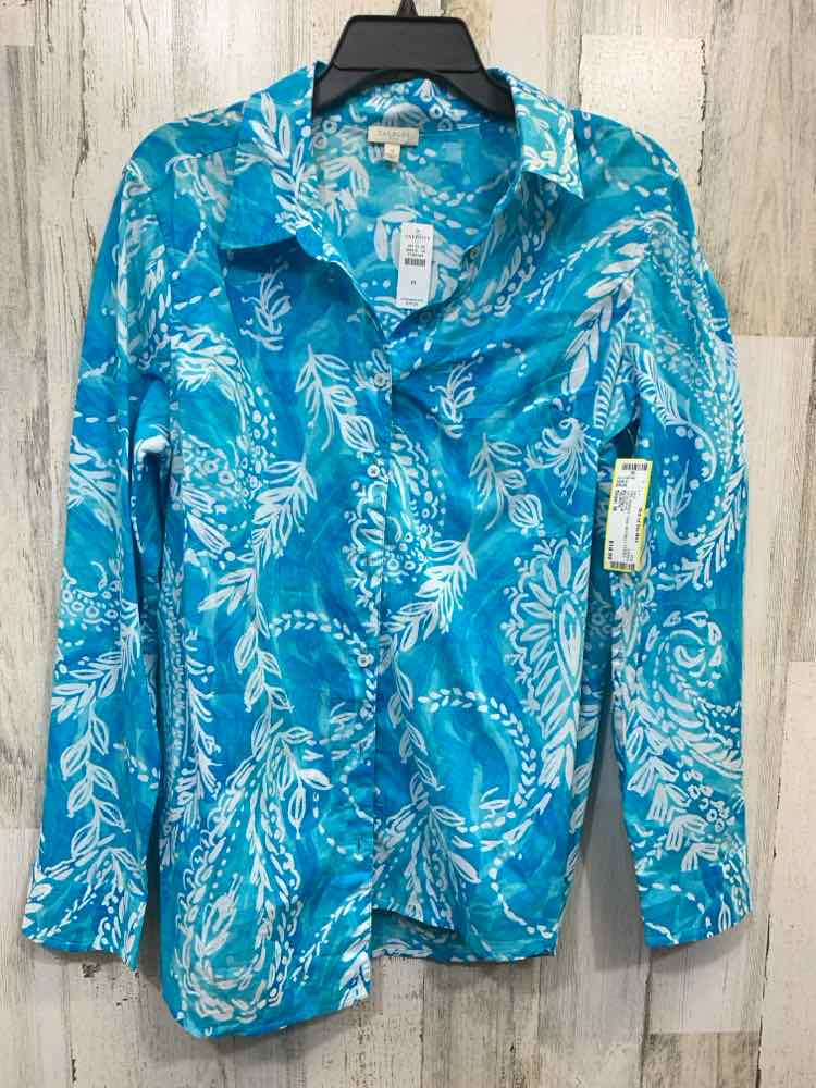 PRE-OWNED TALBOTS Tops Size M WHT/BLU FERNS 3/4 SLEEVE BUTTON UP Shirt
