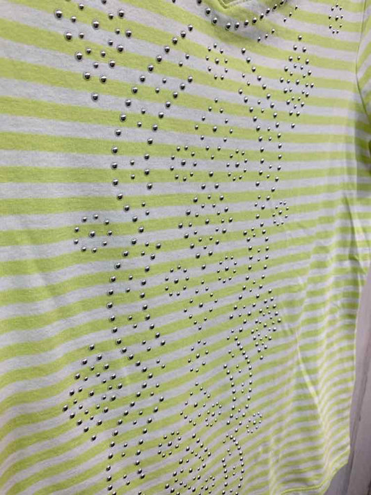 PRE-OWNED ZENERGY BY CHICO'S/HORIZONTAL STRIPE SHORT-SLEEVE V-NECK W/ METALLIC E