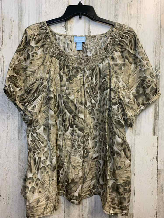 liz & me PLUS SIZES Size 2X TAN/WHT LEAVES SHORT SLEEVES TOP