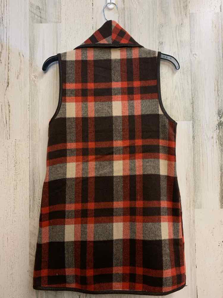 PRE-OWNED FAVLUX Tops Size S ORNG/BRWN Plaid SLEEVELESS TOP/SHAWL VEST W/POCKETS