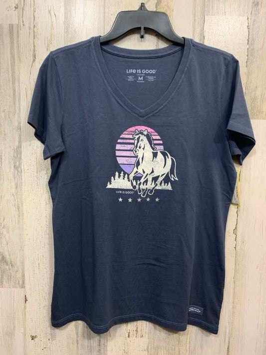 PRE-OWNED LIFE IS GOOD Tops Size L NAVY/PNK/PUR VNECK T-shirt/HORSE ON FRONT