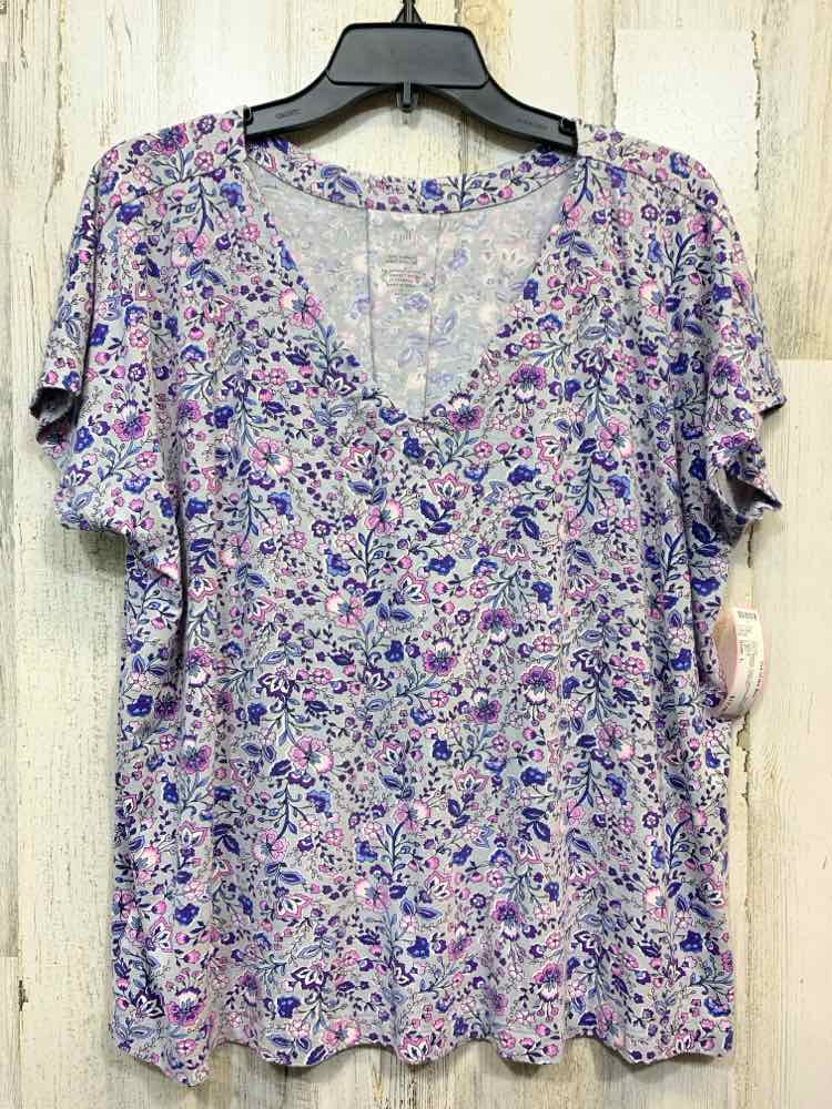 PRE-OWNED J.JILL Tops Size L GRY/PNK/PURP Floral SHORT SLEEVES Blouse