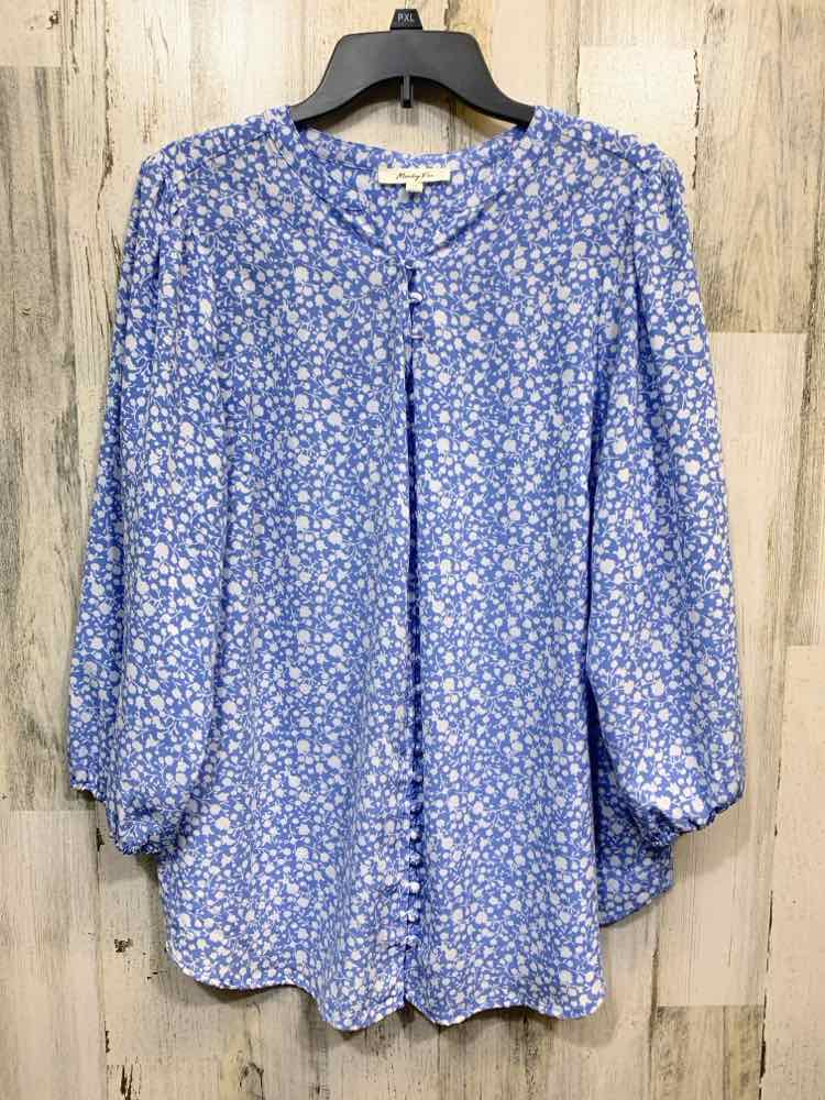 PRE-OWNED MONDAY FUN PLUS SIZES Size 1X WHT/BLU Floral 3/4 SLEEVE/V NECK Blouse