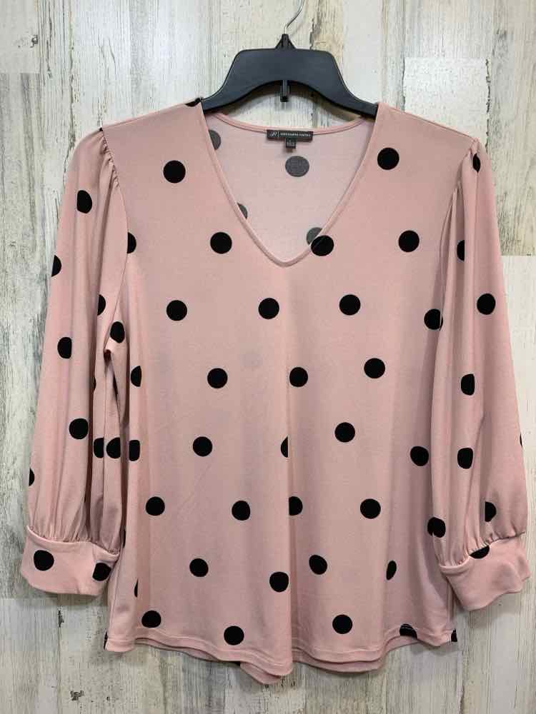 PRE-OWNED ADRIANNA PAPELL Tops Size L BLK/PNK Polka Dot 3/4 CROSS ZIP Blouse