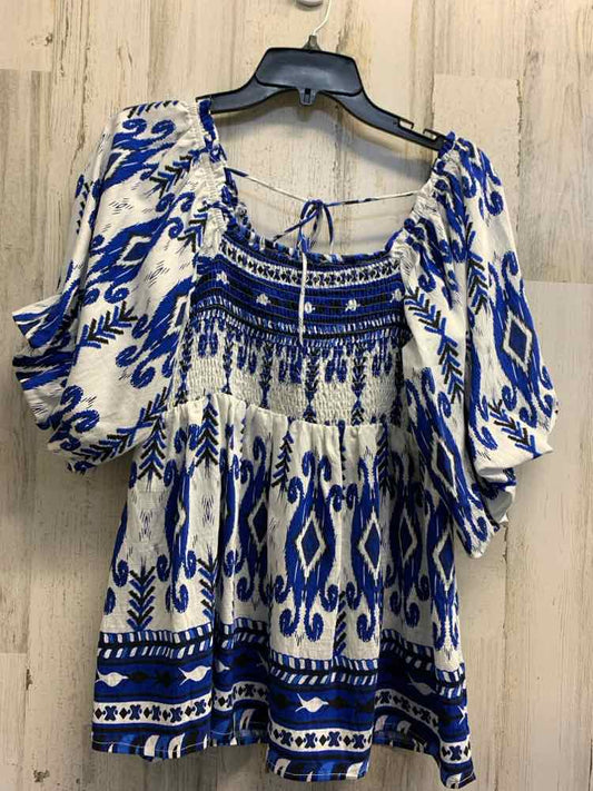 NWT UMGEE Tops Size L BLUE/BLACK/WHITE/GREEN ABSTRACT PUFF SLEEVES Blouse/RUCHED